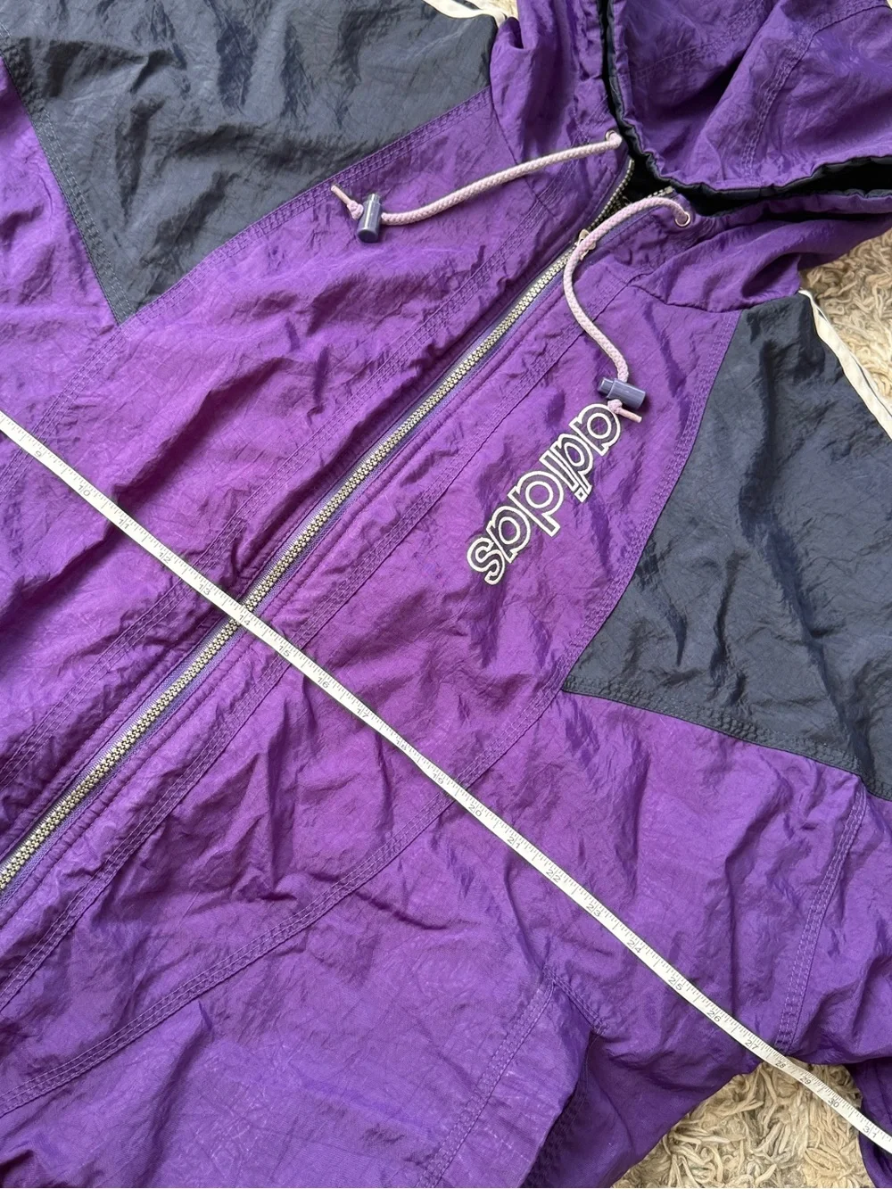 Vintage Adidas Trefoil Hooded Puffer Jacket Purple Black 90s Spellout Stripe L